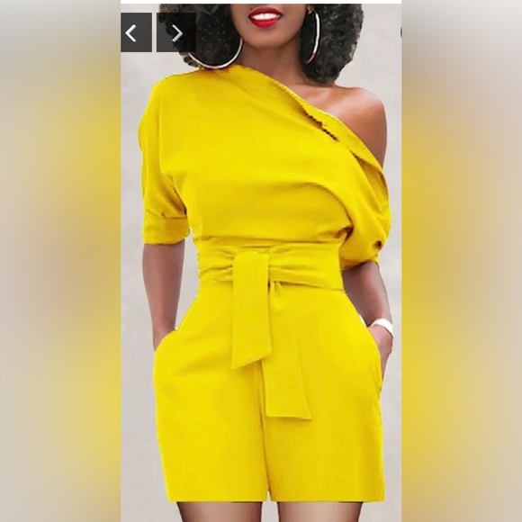 Pants - Yellow Diagonal collar short sleeve belted Romper